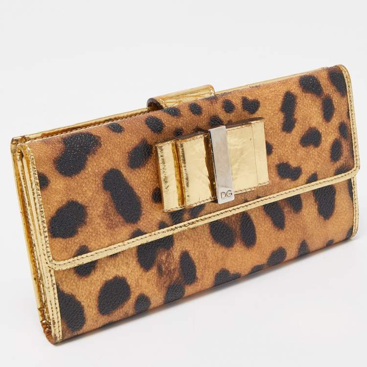 Pre Owned Dolce & Gabbana Gold/Brown Leopard Print Coated Canvas and Laminated Leather Bow Flap Wallet