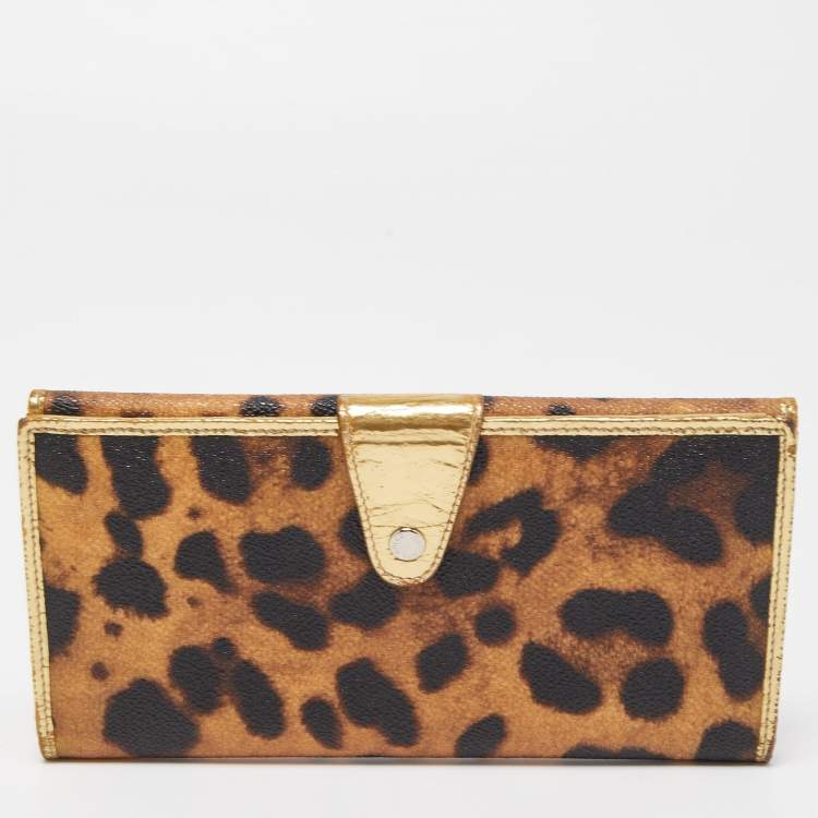Pre Owned Dolce & Gabbana Gold/Brown Leopard Print Coated Canvas and Laminated Leather Bow Flap Wallet
