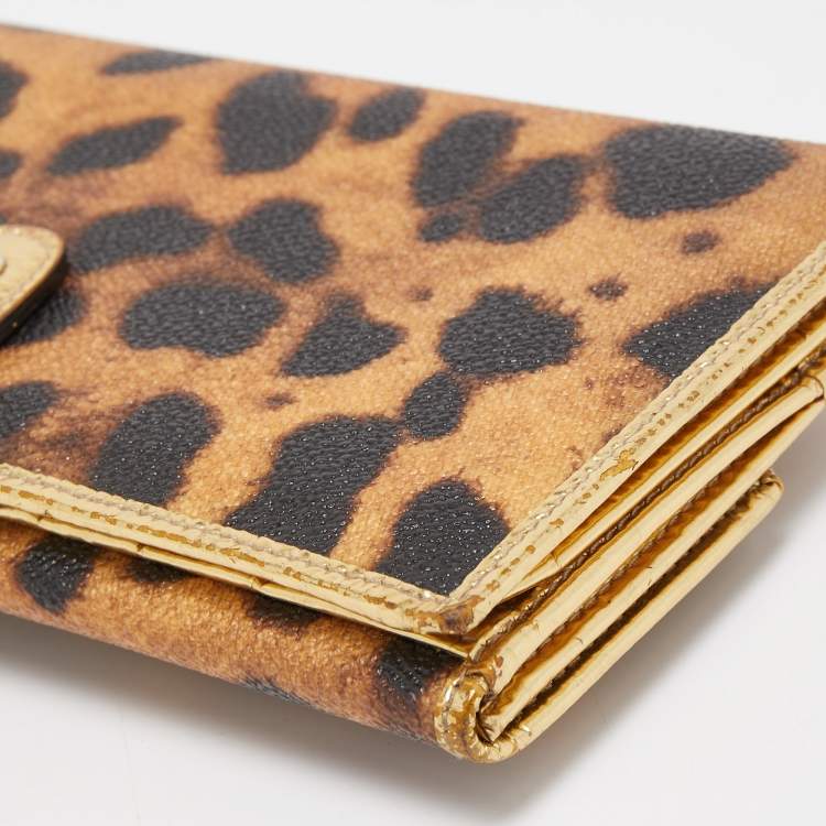 Pre Owned Dolce & Gabbana Gold/Brown Leopard Print Coated Canvas and Laminated Leather Bow Flap Wallet