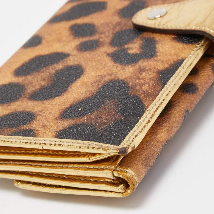 Pre Owned Dolce & Gabbana Gold/Brown Leopard Print Coated Canvas and Laminated Leather Bow Flap Wallet