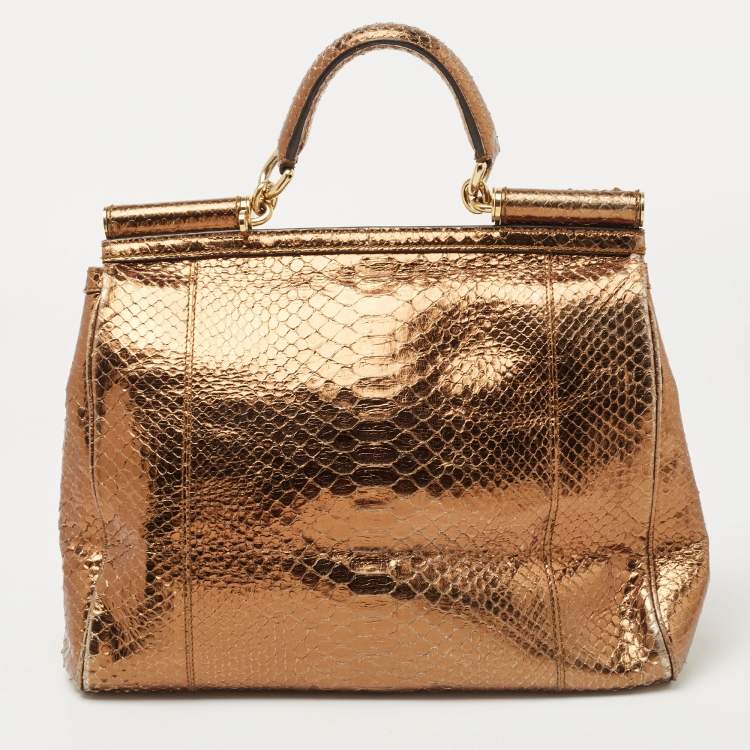 Pre Owned Dolce & Gabbana Bronze Python Leather Large Miss Sicily Top Handle Bag