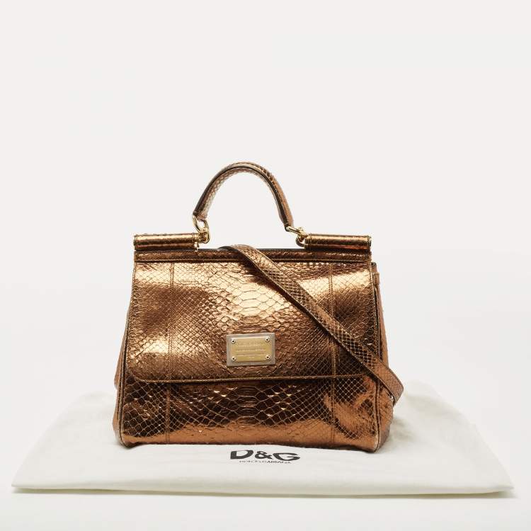 Pre Owned Dolce & Gabbana Bronze Python Leather Large Miss Sicily Top Handle Bag