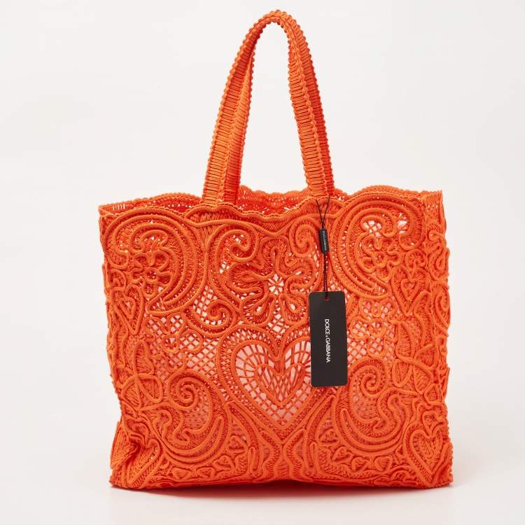 Pre Owned Dolce & Gabbana Orange Crochet Beatrice Shopper Tote