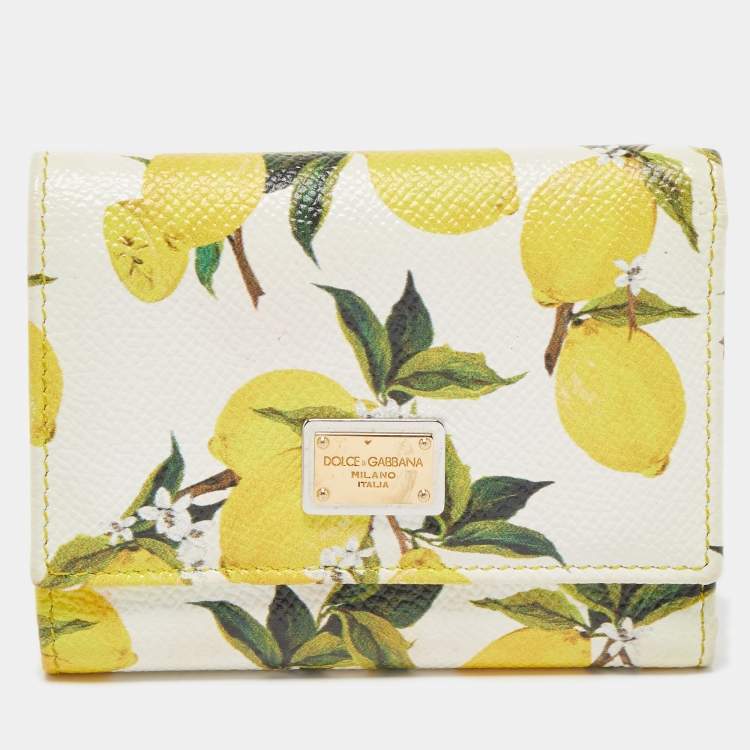 Pre Owned Dolce & Gabbana Yellow/White Lemon Print Leather Trifold Wallet