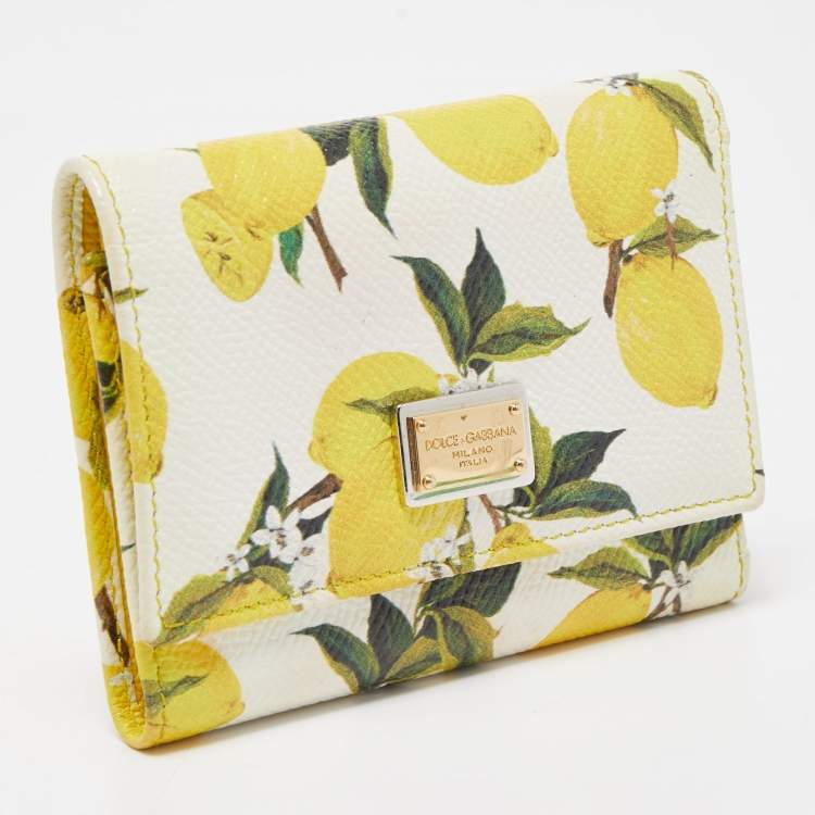 Pre Owned Dolce & Gabbana Yellow/White Lemon Print Leather Trifold Wallet