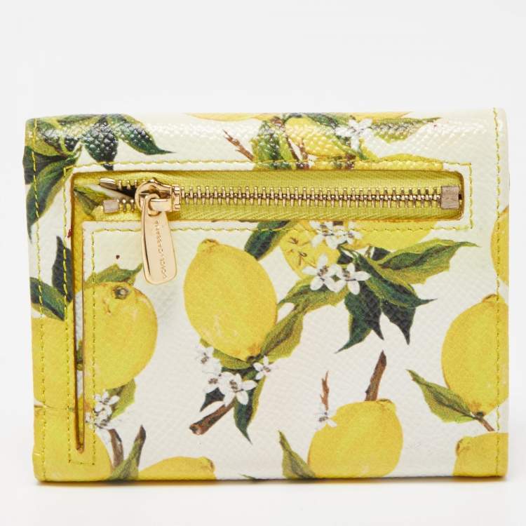 Pre Owned Dolce & Gabbana Yellow/White Lemon Print Leather Trifold Wallet