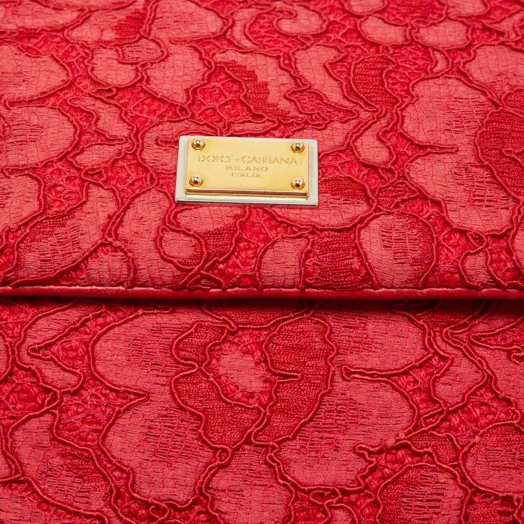Pre Owned Dolce & Gabbana Red Lace and Leather Large Miss Sicily Top Handle Bag