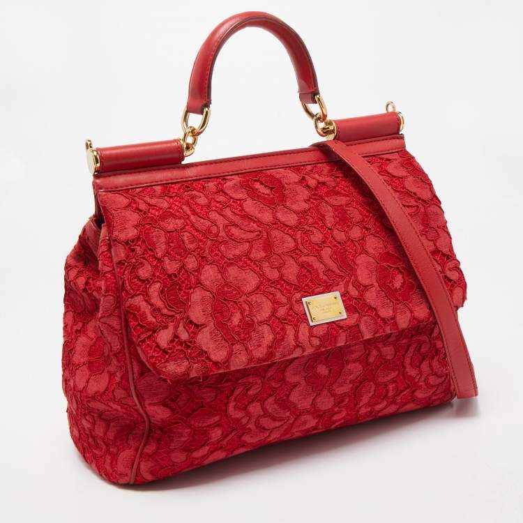Pre Owned Dolce & Gabbana Red Lace and Leather Large Miss Sicily Top Handle Bag