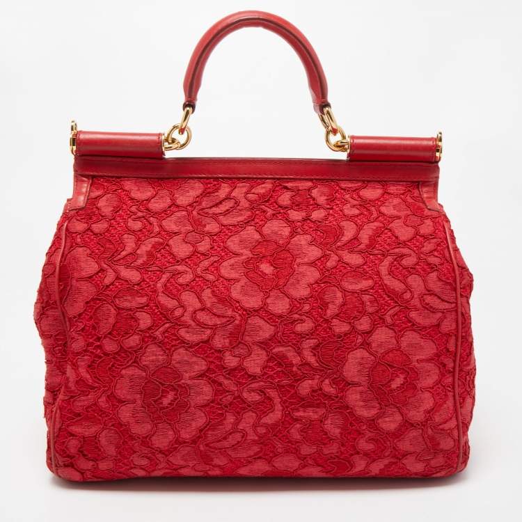 Pre Owned Dolce & Gabbana Red Lace and Leather Large Miss Sicily Top Handle Bag