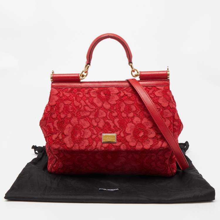 Pre Owned Dolce & Gabbana Red Lace and Leather Large Miss Sicily Top Handle Bag