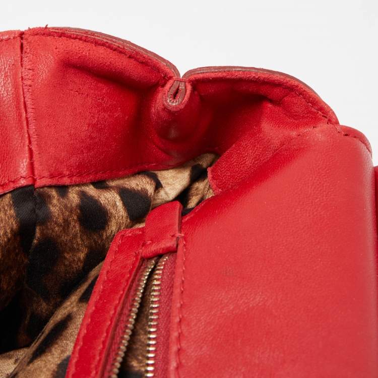 Pre Owned Dolce & Gabbana Red Lace and Leather Large Miss Sicily Top Handle Bag