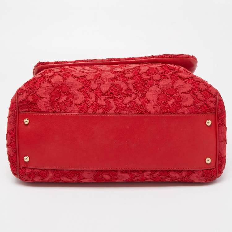 Pre Owned Dolce & Gabbana Red Lace and Leather Large Miss Sicily Top Handle Bag