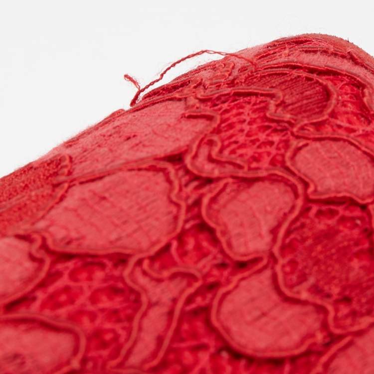 Pre Owned Dolce & Gabbana Red Lace and Leather Large Miss Sicily Top Handle Bag