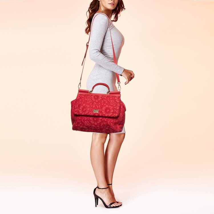 Pre Owned Dolce & Gabbana Red Lace and Leather Large Miss Sicily Top Handle Bag