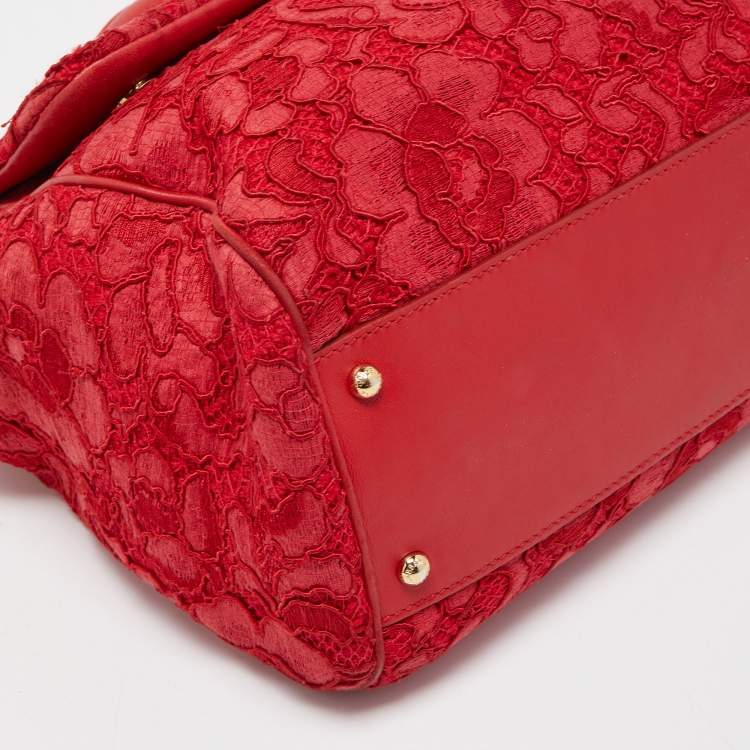 Pre Owned Dolce & Gabbana Red Lace and Leather Large Miss Sicily Top Handle Bag