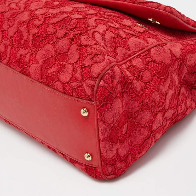 Pre Owned Dolce & Gabbana Red Lace and Leather Large Miss Sicily Top Handle Bag