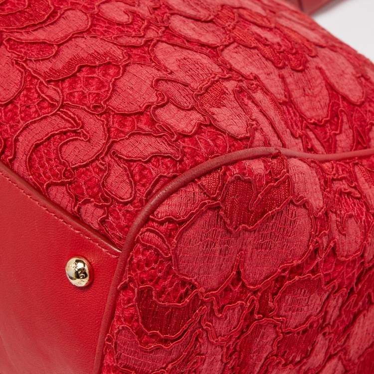 Pre Owned Dolce & Gabbana Red Lace and Leather Large Miss Sicily Top Handle Bag