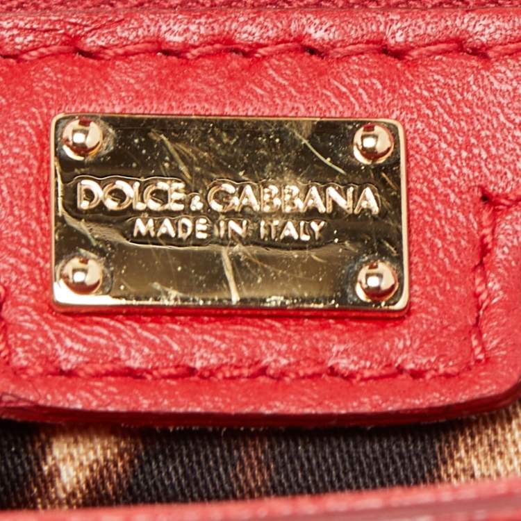 Pre Owned Dolce & Gabbana Red Lace and Leather Large Miss Sicily Top Handle Bag