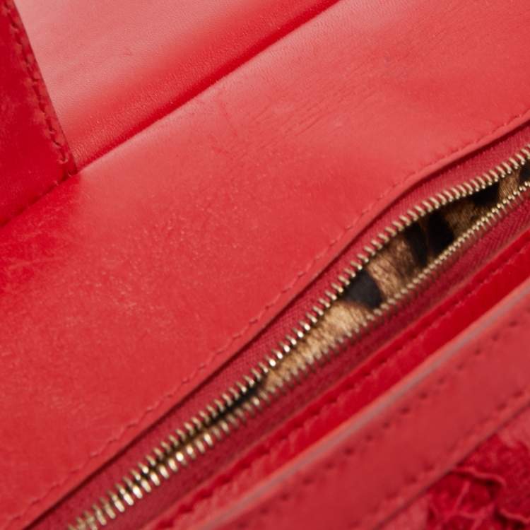 Pre Owned Dolce & Gabbana Red Lace and Leather Large Miss Sicily Top Handle Bag