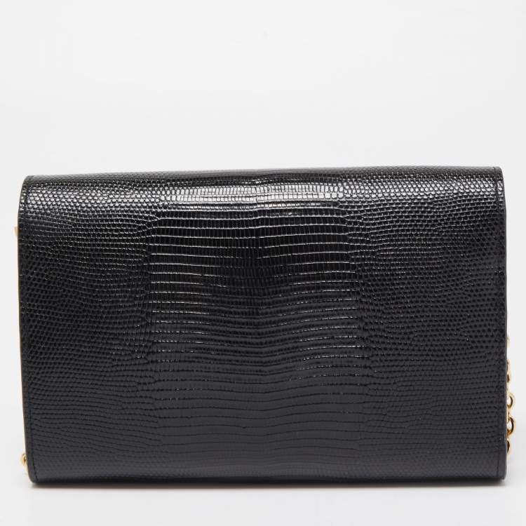 Pre Owned Dolce & Gabbana Black Lizard Embossed Leather DG Millennials Crystals Wallet on Chain