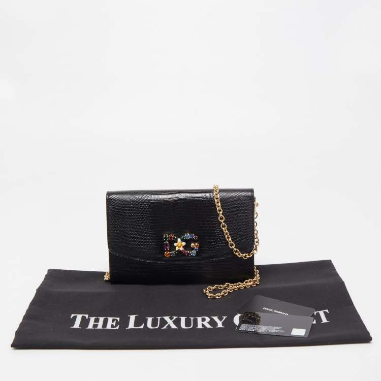 Pre Owned Dolce & Gabbana Black Lizard Embossed Leather DG Millennials Crystals Wallet on Chain