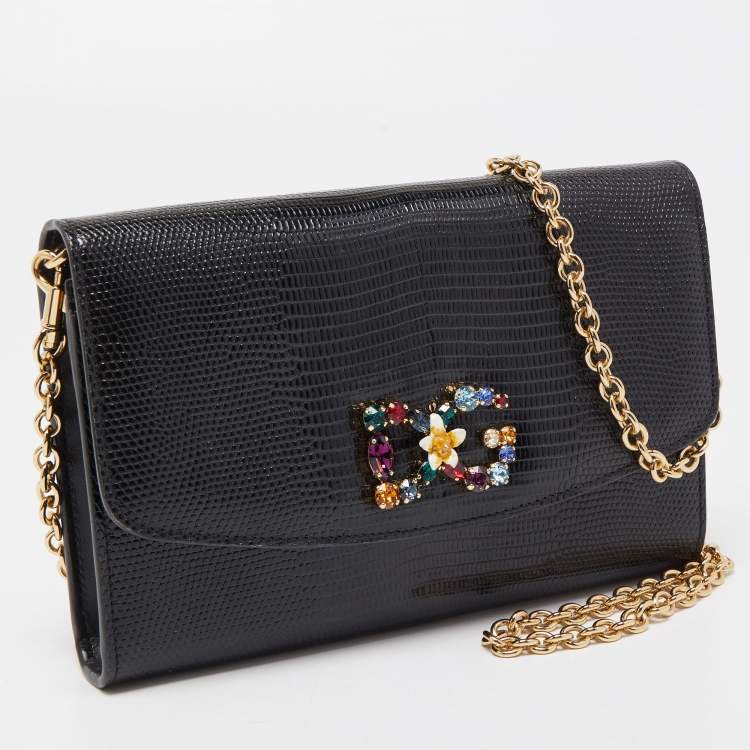 Pre Owned Dolce & Gabbana Black Lizard Embossed Leather DG Millennials Crystals Wallet on Chain