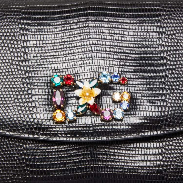 Pre Owned Dolce & Gabbana Black Lizard Embossed Leather DG Millennials Crystals Wallet on Chain