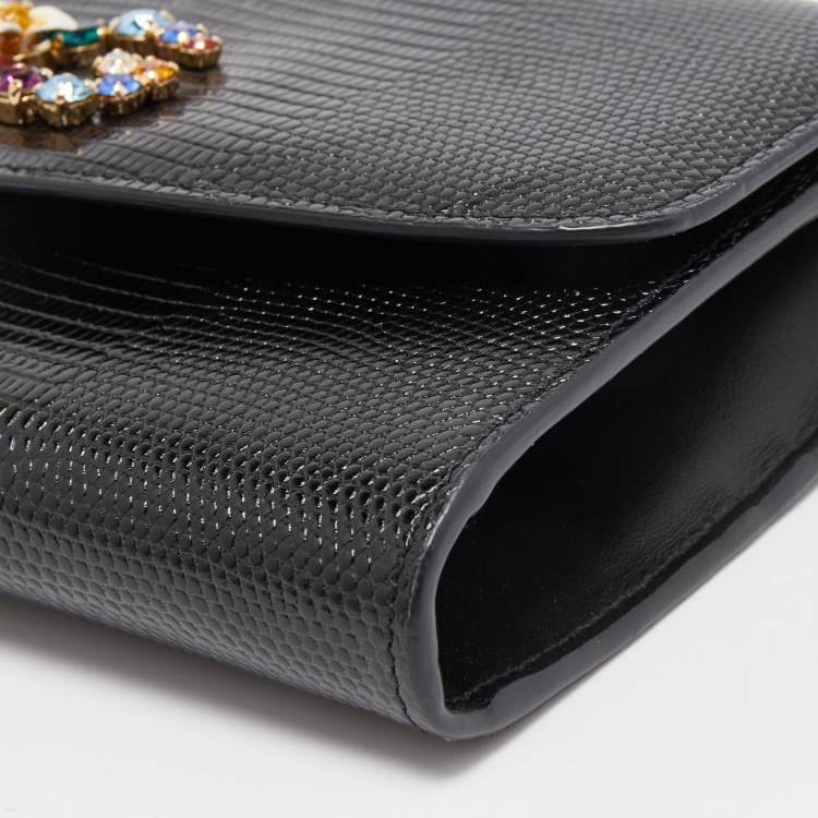 Pre Owned Dolce & Gabbana Black Lizard Embossed Leather DG Millennials Crystals Wallet on Chain