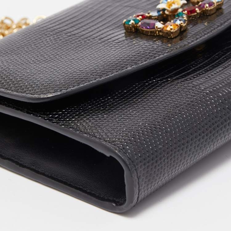 Pre Owned Dolce & Gabbana Black Lizard Embossed Leather DG Millennials Crystals Wallet on Chain