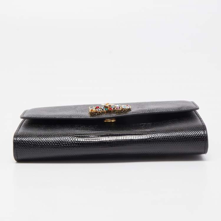 Pre Owned Dolce & Gabbana Black Lizard Embossed Leather DG Millennials Crystals Wallet on Chain