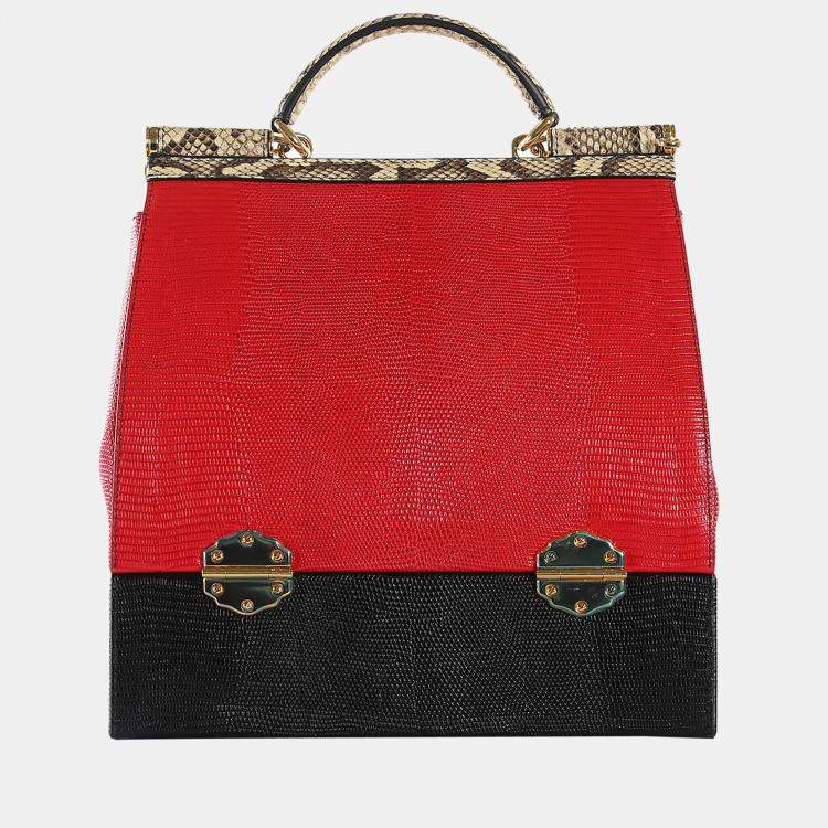 Pre Owned Dolce & Gabbana Beige/Red/Black Python & Lizard Leather Miss Sicly Bag