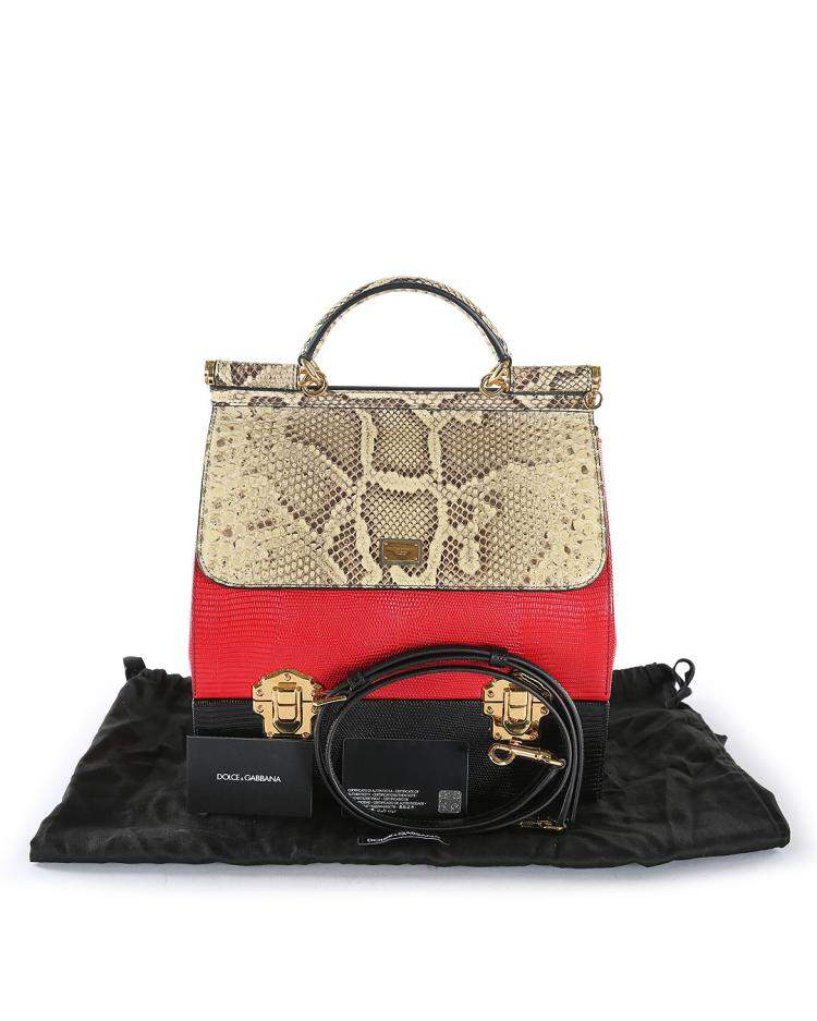 Pre Owned Dolce & Gabbana Beige/Red/Black Python & Lizard Leather Miss Sicly Bag