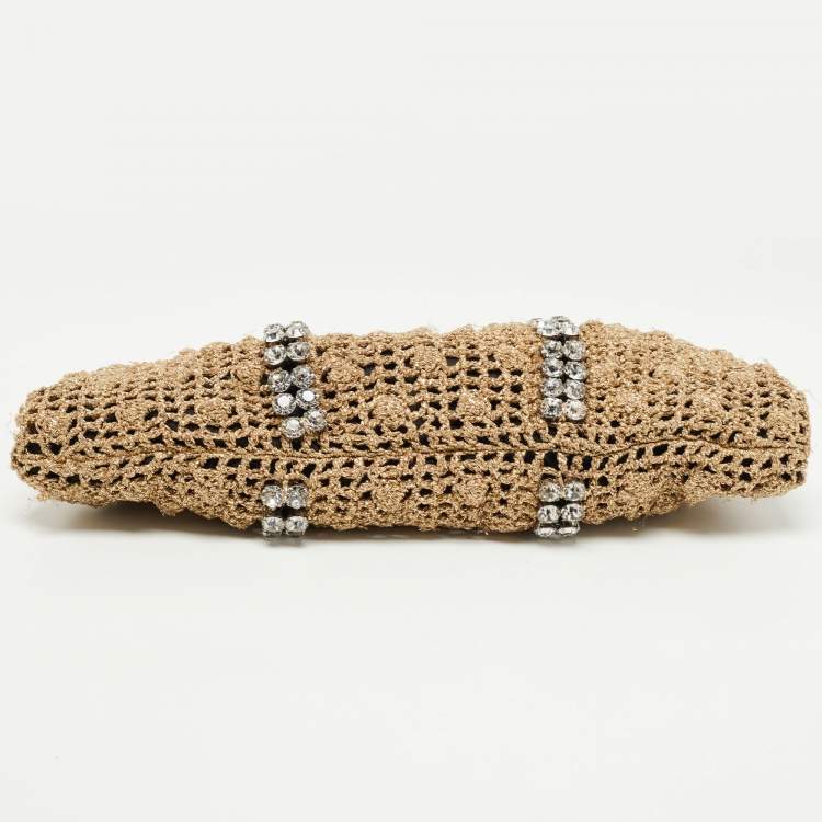 Pre Owned Dolce & Gabbana Woven Gold Fabric Crystal Embellished Clutch
