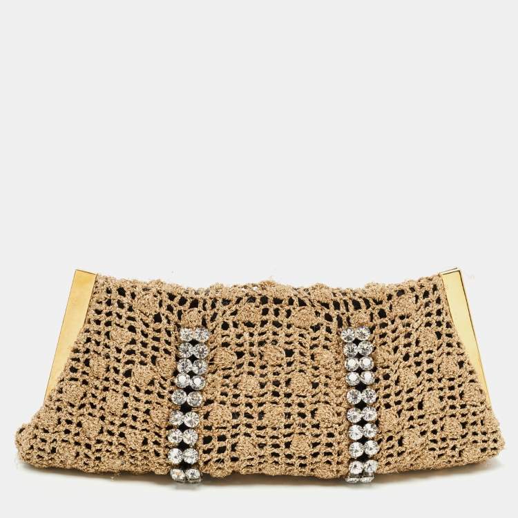 Pre Owned Dolce & Gabbana Woven Gold Fabric Crystal Embellished Clutch