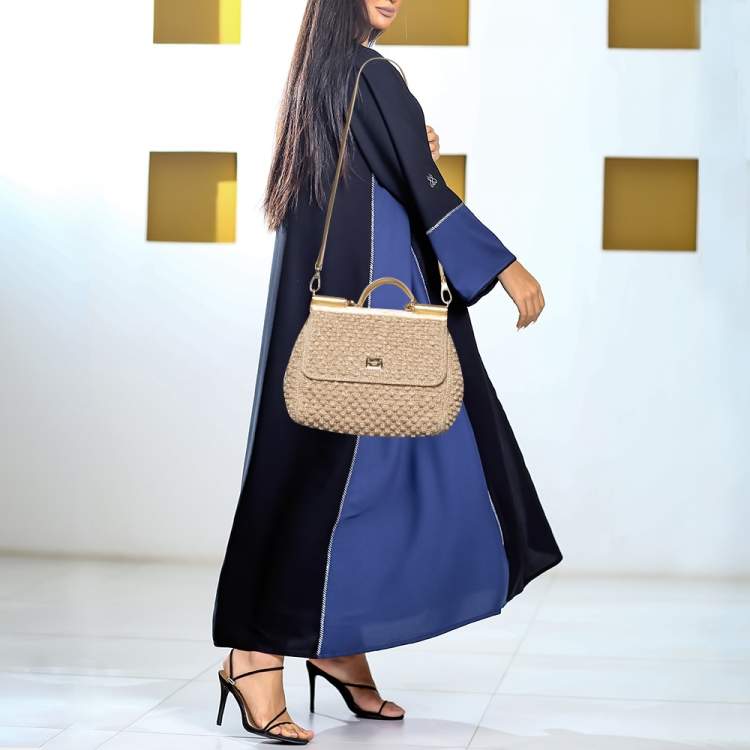 Pre Owned Dolce & Gabbana Gold Crochet Lurex Fabric and Leather Large Miss Sicily Top Handle Bag