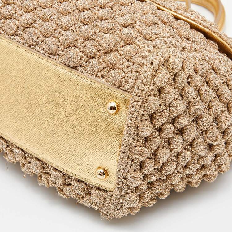 Pre Owned Dolce & Gabbana Gold Crochet Lurex Fabric and Leather Large Miss Sicily Top Handle Bag