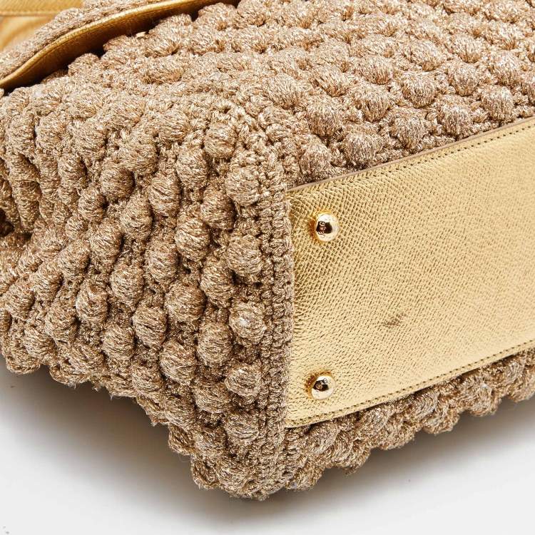 Pre Owned Dolce & Gabbana Gold Crochet Lurex Fabric and Leather Large Miss Sicily Top Handle Bag
