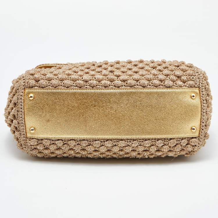 Pre Owned Dolce & Gabbana Gold Crochet Lurex Fabric and Leather Large Miss Sicily Top Handle Bag