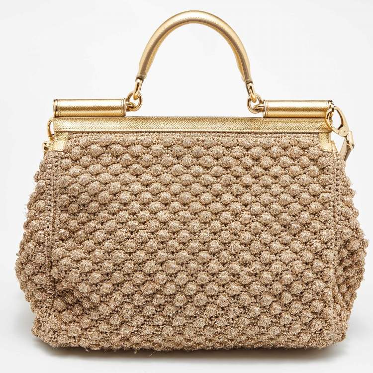 Pre Owned Dolce & Gabbana Gold Crochet Lurex Fabric and Leather Large Miss Sicily Top Handle Bag