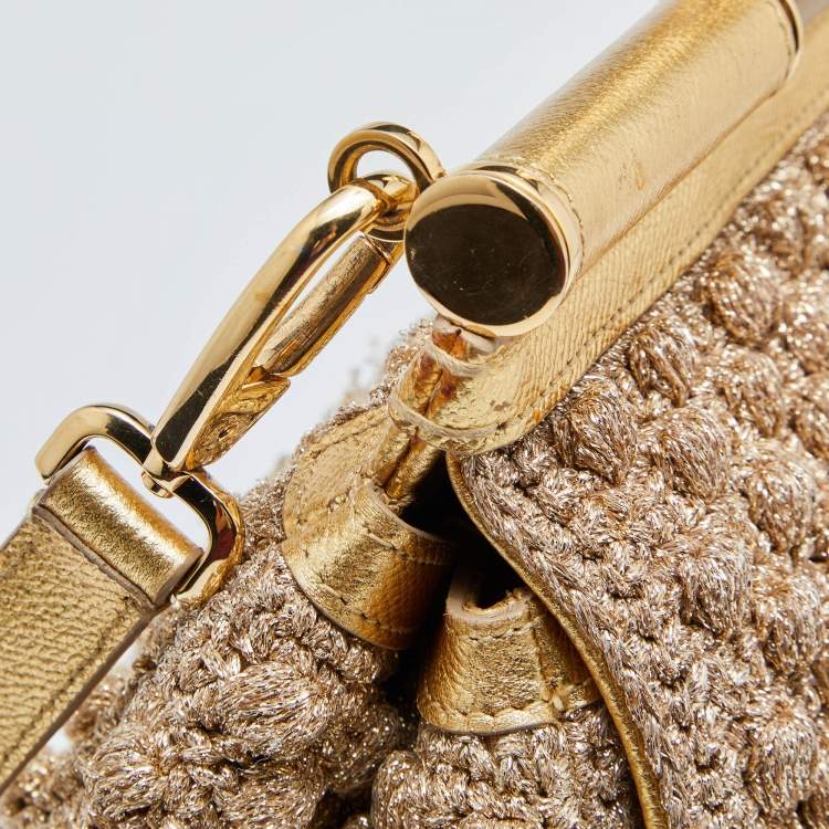Pre Owned Dolce & Gabbana Gold Crochet Lurex Fabric and Leather Large Miss Sicily Top Handle Bag
