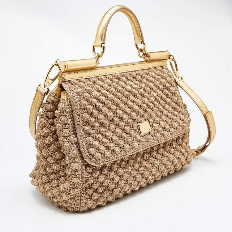 Pre Owned Dolce & Gabbana Gold Crochet Lurex Fabric and Leather Large Miss Sicily Top Handle Bag