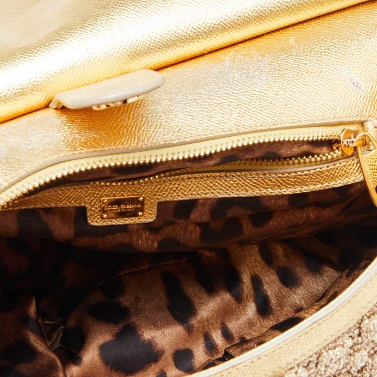 Pre Owned Dolce & Gabbana Gold Crochet Lurex Fabric and Leather Large Miss Sicily Top Handle Bag