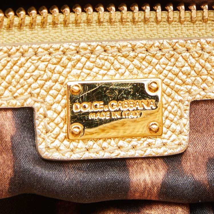Pre Owned Dolce & Gabbana Gold Crochet Lurex Fabric and Leather Large Miss Sicily Top Handle Bag