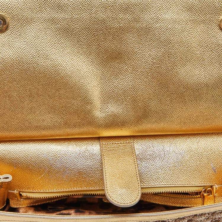 Pre Owned Dolce & Gabbana Gold Crochet Lurex Fabric and Leather Large Miss Sicily Top Handle Bag