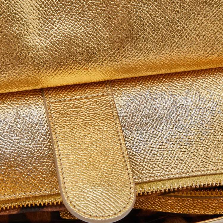Pre Owned Dolce & Gabbana Gold Crochet Lurex Fabric and Leather Large Miss Sicily Top Handle Bag