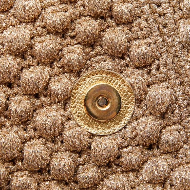 Pre Owned Dolce & Gabbana Gold Crochet Lurex Fabric and Leather Large Miss Sicily Top Handle Bag