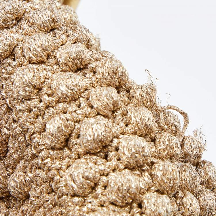 Pre Owned Dolce & Gabbana Gold Crochet Lurex Fabric and Leather Large Miss Sicily Top Handle Bag