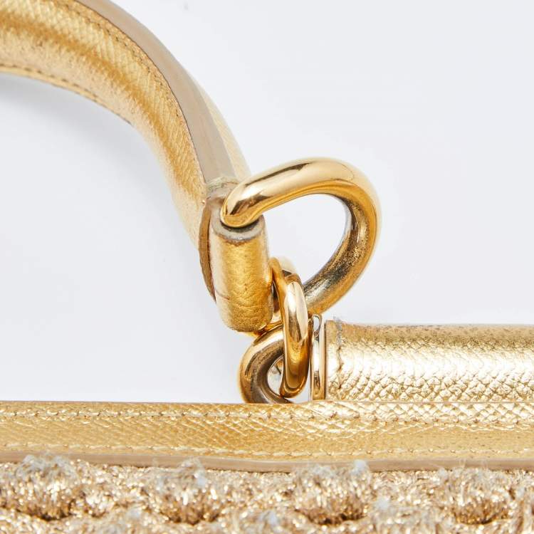 Pre Owned Dolce & Gabbana Gold Crochet Lurex Fabric and Leather Large Miss Sicily Top Handle Bag