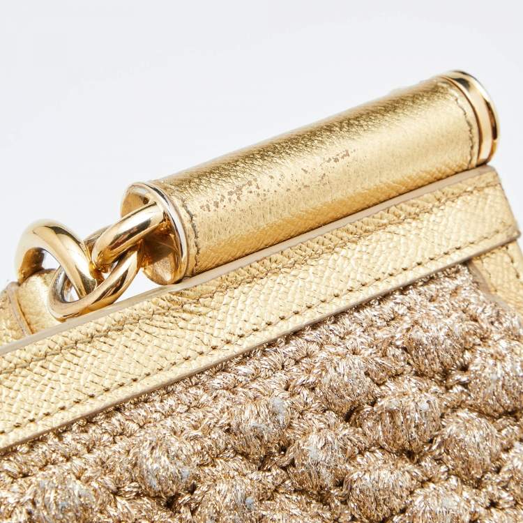 Pre Owned Dolce & Gabbana Gold Crochet Lurex Fabric and Leather Large Miss Sicily Top Handle Bag