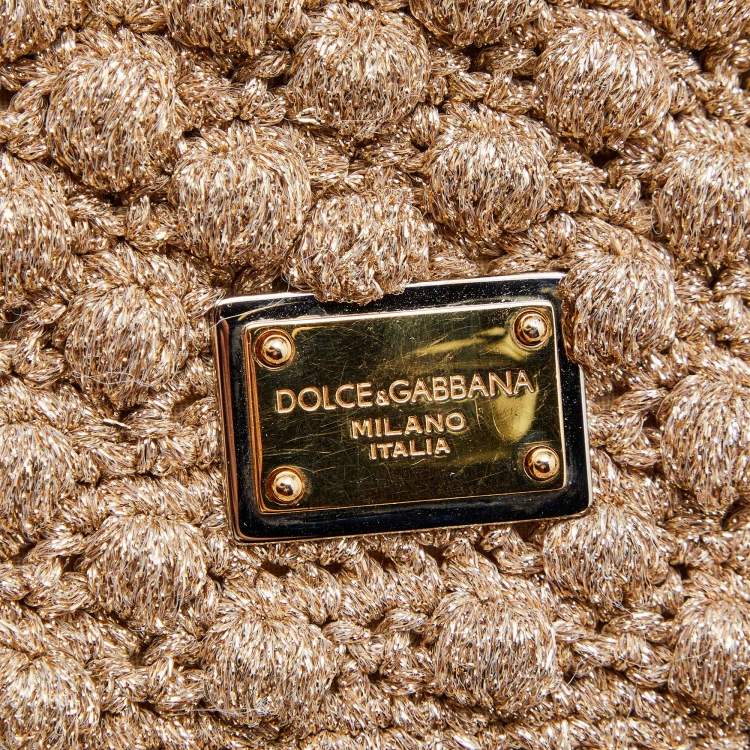 Pre Owned Dolce & Gabbana Gold Crochet Lurex Fabric and Leather Large Miss Sicily Top Handle Bag